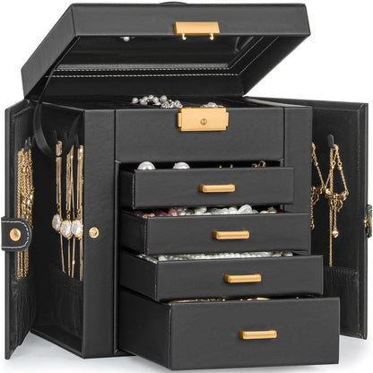 TORIBIO Jewelry Box for Women, Leather Jewelry Organizer with Mirror & Lock, 3-Tier Jewelry Storage Organizer with 2 Drawers for Girls/Women/Mothers, Necklace Earring Bracelets Holder Organizer