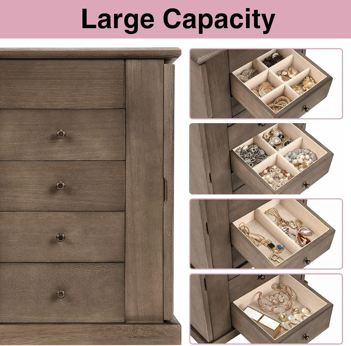 Emfogo Jewelry Box for Women, 5 Layer Large Wood Jewelry Boxes & Organizers for Necklaces Earrings Rings Bracelets, Rustic Jewelry Organizer Box with Drawers and Mirror(Weathered Gray)
