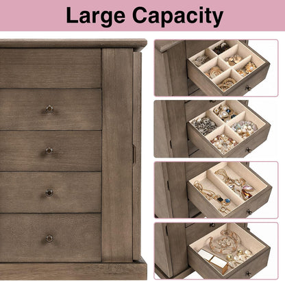 Emfogo Jewelry Box for Women, 5 Layer Large Wood Jewelry Boxes & Organizers for Necklaces Earrings Rings Bracelets, Rustic Jewelry Organizer Box with Drawers and Mirror(Weathered Gray)