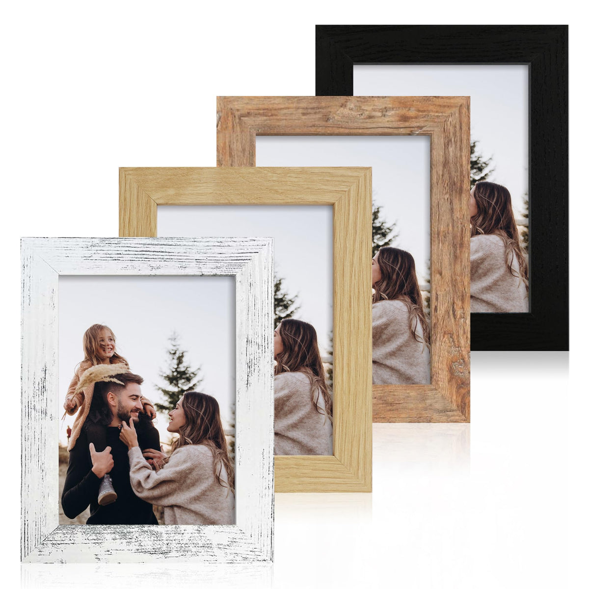 iRahmen 5x7 Picture Frame Set of 4, High Definition Real Glass Rustic Brown Frame, 5 x 7 Wood Photo Frames for Tabletop Display and Wall Mounting