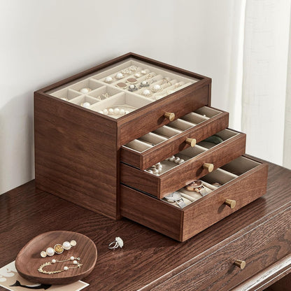 Black Walnut Wooden Women Jewelry Box with Glass Lid, 4 Layer