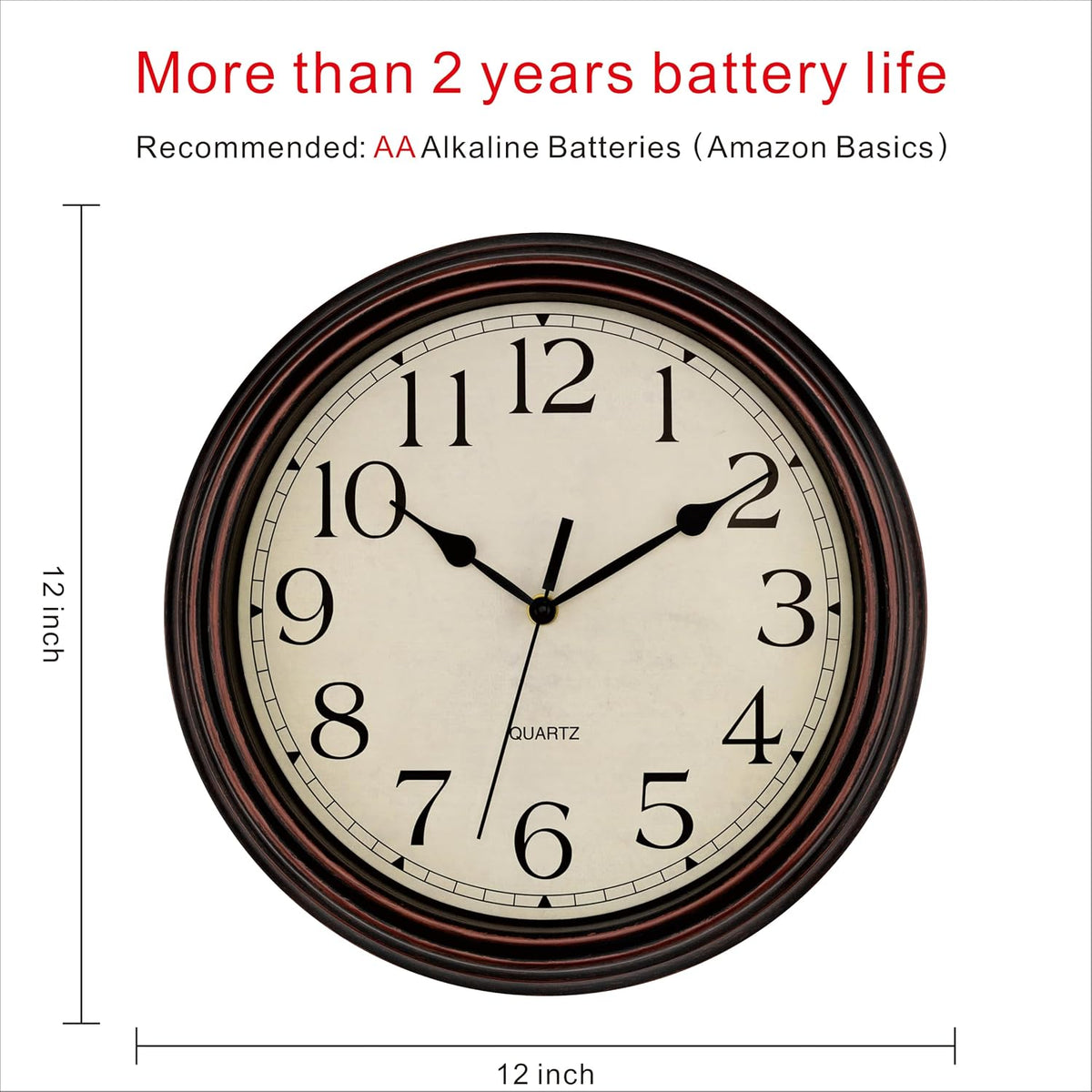 Foxtop 12 Inch Retro Wall Clock Round Silent Battery Operated Clock, Bronze