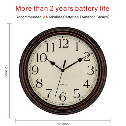 Foxtop 12 Inch Retro Wall Clock Round Silent Battery Operated Clock, Bronze