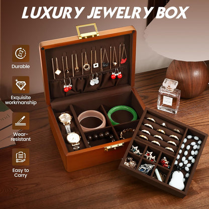 2 Layer Anti Tarnish Solid Wood Jewelry Organizer Box with Lock