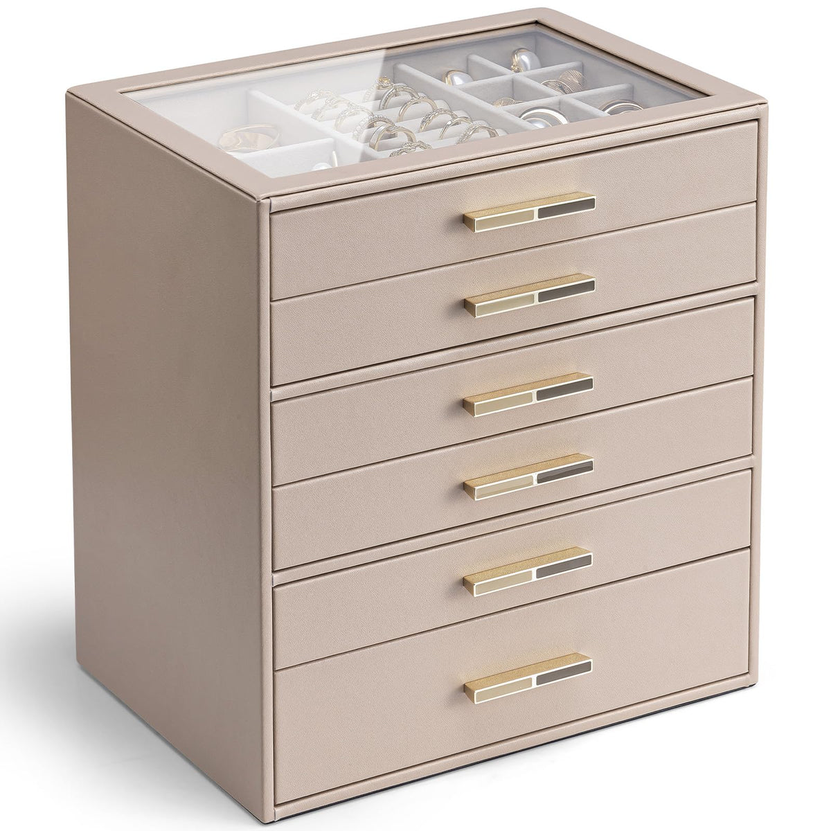 VLANDO Jewelry Box Organizer, 3-Layer Storage Drawers, Glass Window, Modern