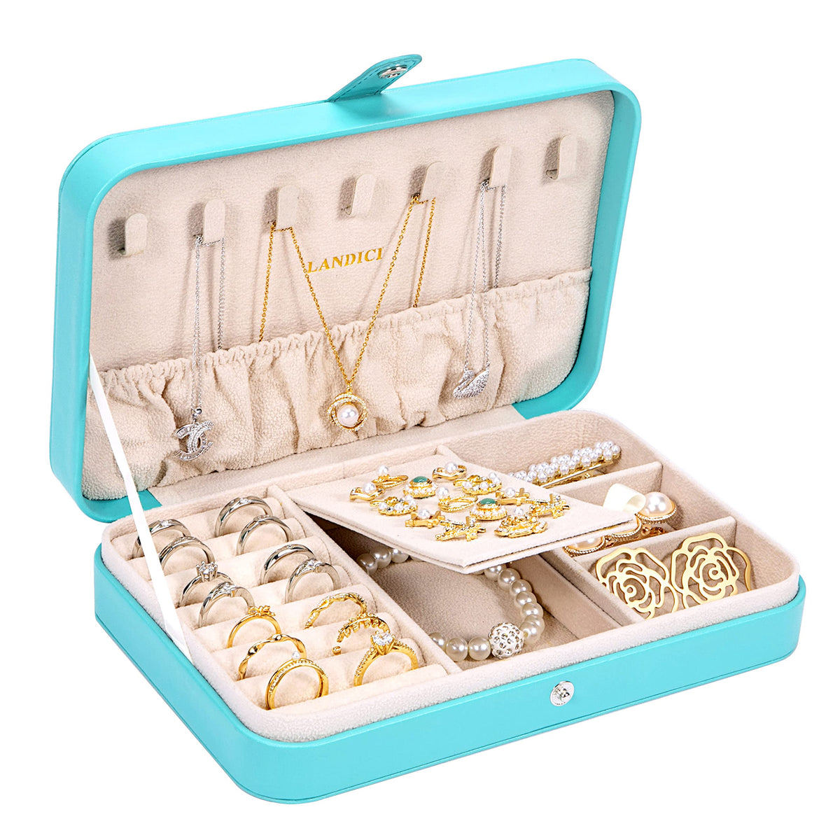 LANDICI Small Jewelry Box for Women Girls, PU Leather Travel Jewelry Case, Portable Jewelry Organizer Storage Holder Display for Ring Earrings Necklace Brooch Men Kids Gift, Dark Blue