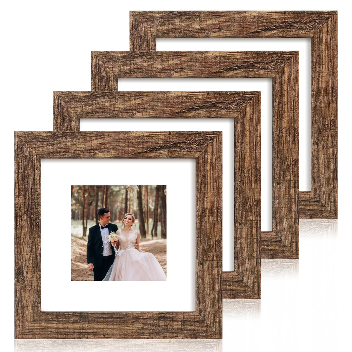 iRahmen 5x7 Picture Frame Set of 4, High Definition Real Glass Rustic Brown Frame, 5 x 7 Wood Photo Frames for Tabletop Display and Wall Mounting
