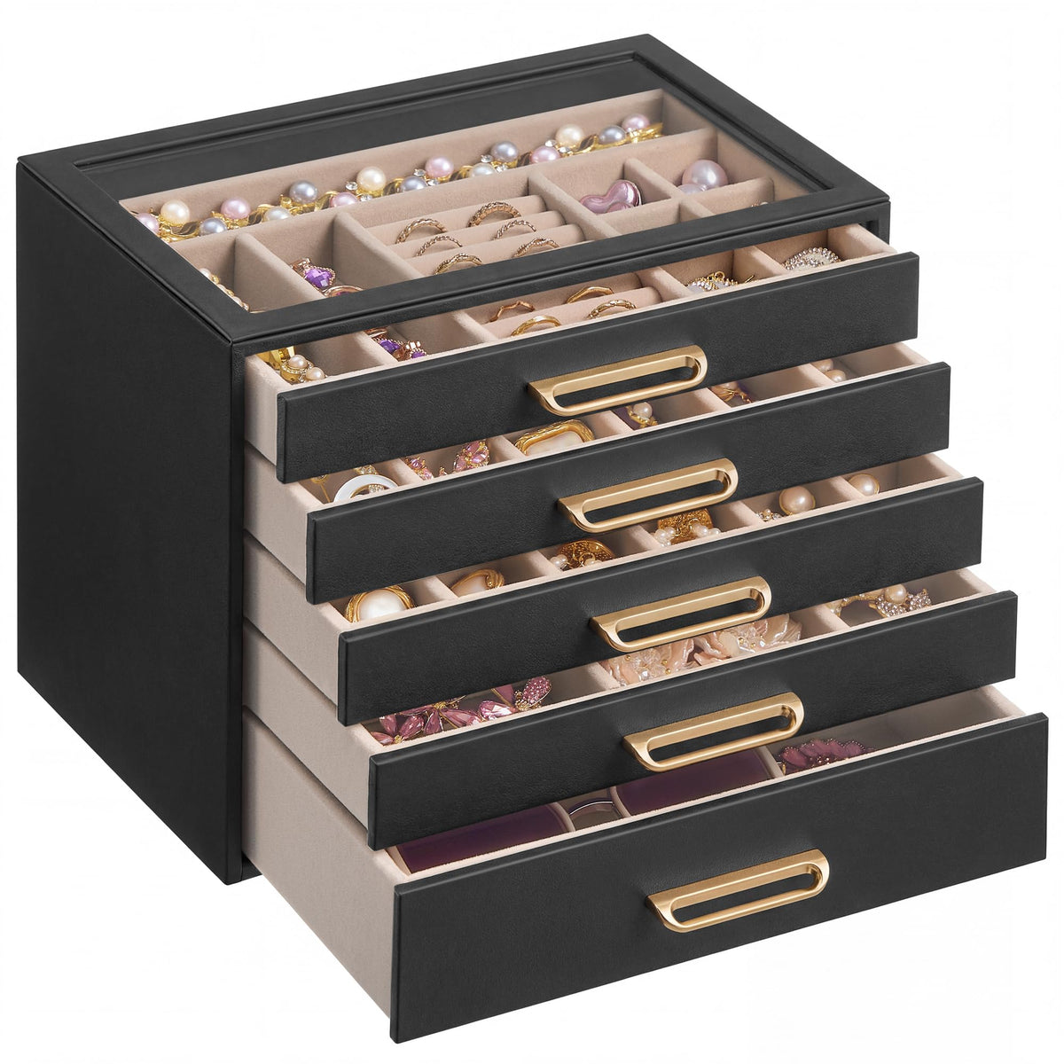 SONGMICS 3-Layer Jewelry Box with Glass Window, 3 Drawers, Golden Handles
