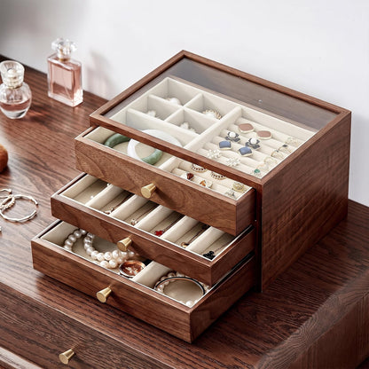 Black Walnut Wooden Women Jewelry Box with Glass Lid, 3 Layer