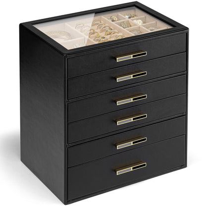 VLANDO Jewelry Box Organizer, 3-Layer Storage Drawers, Glass Window, Modern