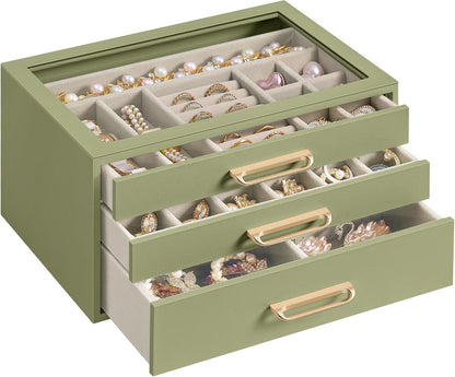 SONGMICS 3-Layer Jewelry Box with Glass Window, 3 Drawers, Golden Handles