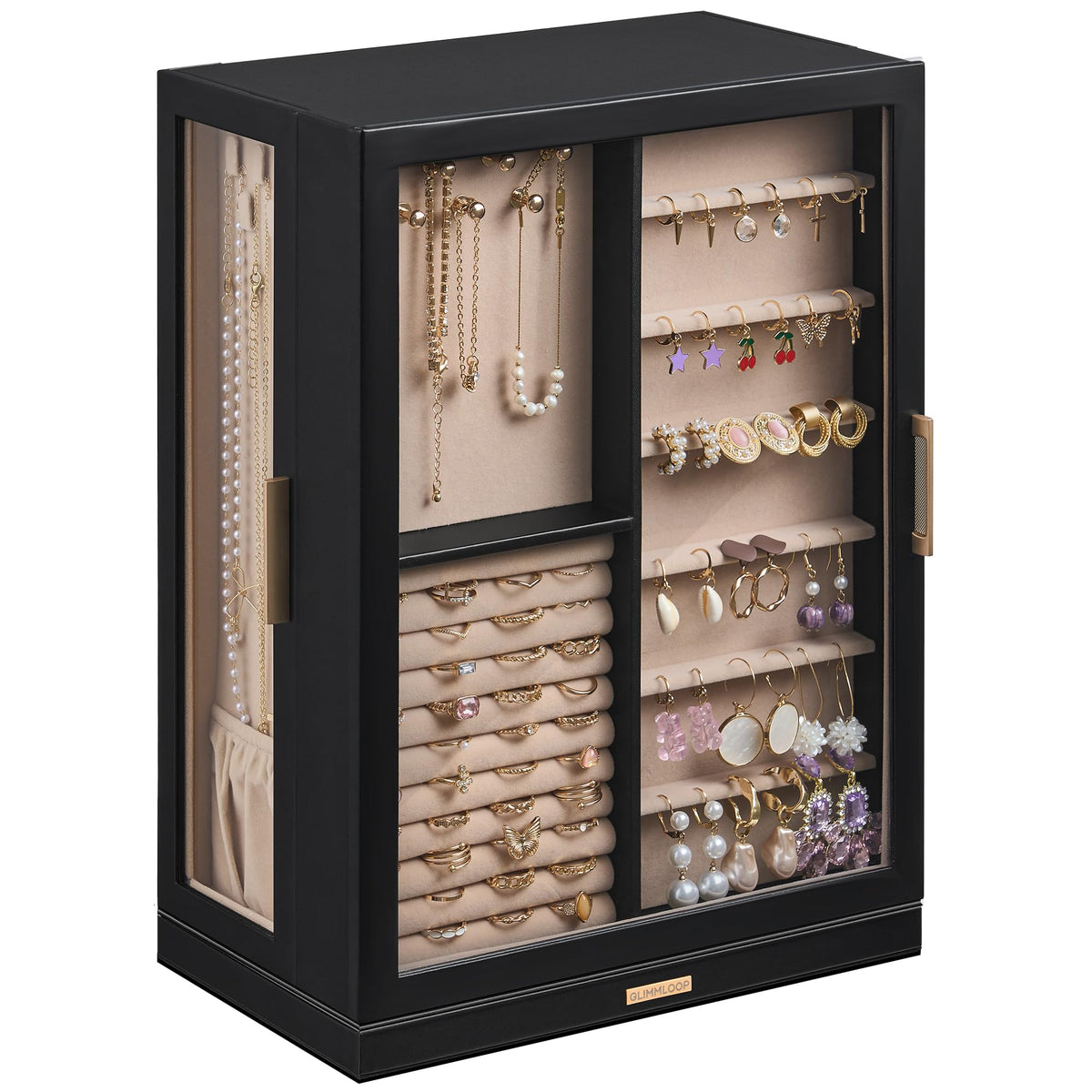 Glimmloop 360° Rotating Jewelry Box with 7 Drawers, Spacious Vertical Jewelry Organizer with Glass Window, Jewelry Storage Case, Dustproof & Moisture-resistant Design, White