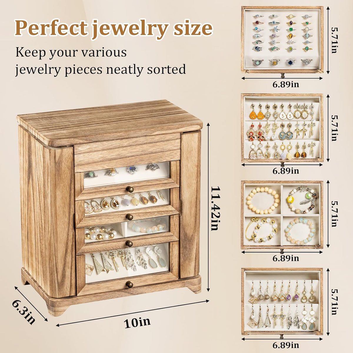 Jewelry Box for Women，Wooden Jewelry Box with 4 Clear Drawers Rustic Brown