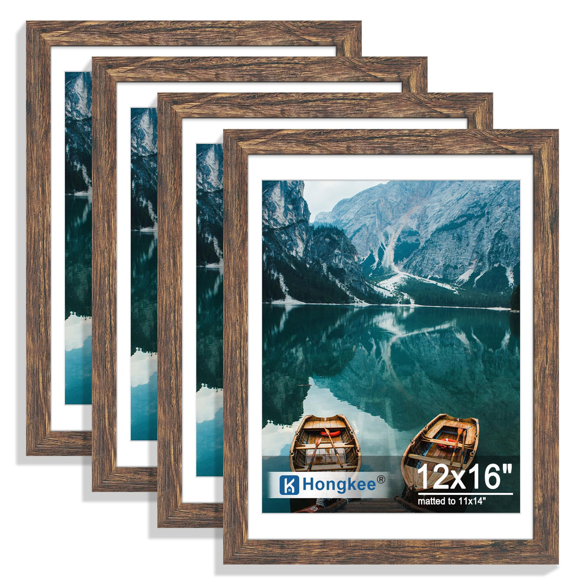 Hongkee 5x7 Picture Frame Set of 4, Real Glass and Wooden Frame, 4x6 Mat