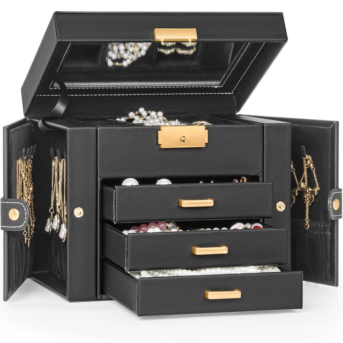 TORIBIO Jewelry Box for Women, Leather Jewelry Organizer with Mirror & Lock, 3-Tier Jewelry Storage Organizer with 2 Drawers for Girls/Women/Mothers, Necklace Earring Bracelets Holder Organizer