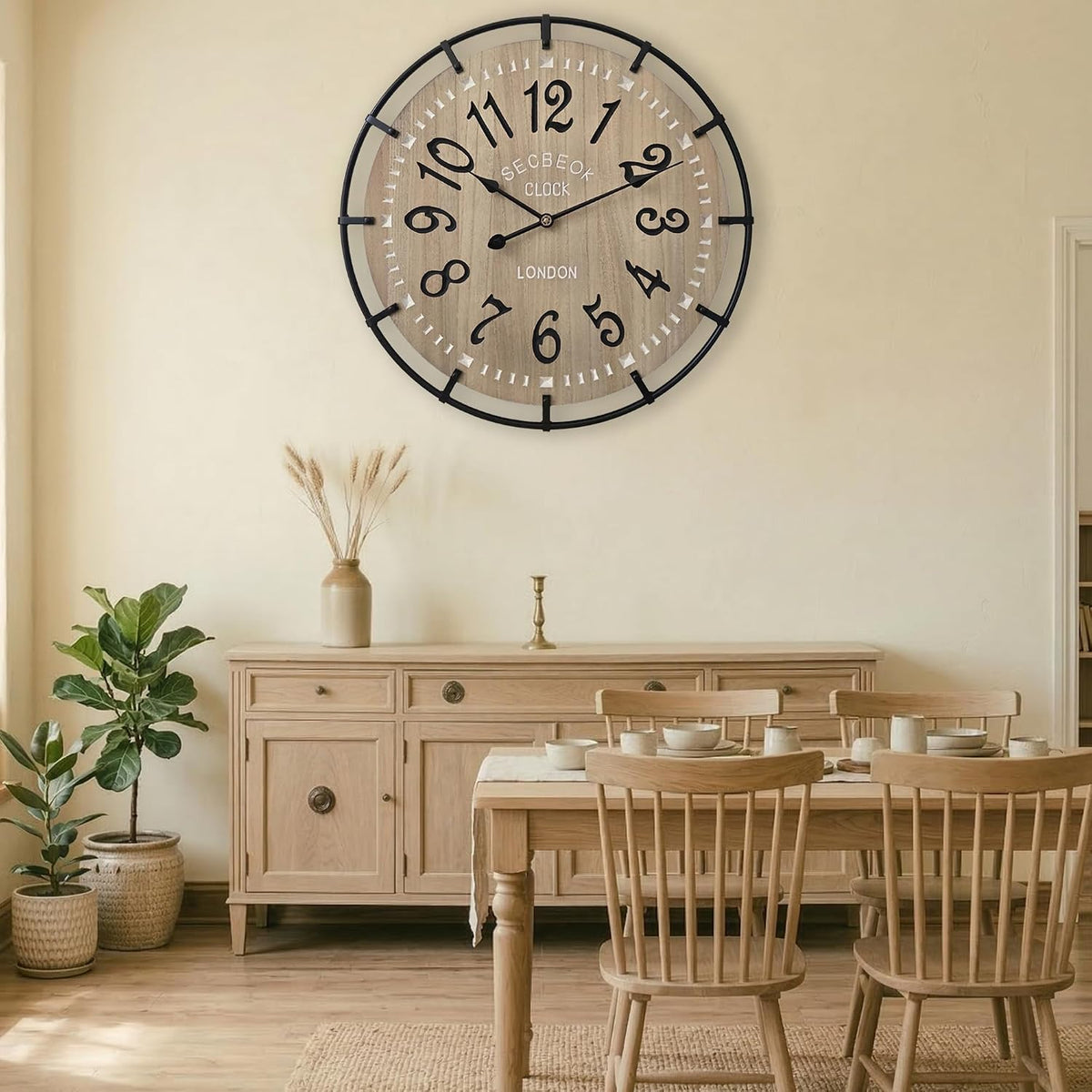 30 Inch Oversized Farmhouse Wall Clock, Metal Rustic Wood with Silent Quartz Movement, Easy Read Arabic Numerals, Battery Powered Decorative Wall Clock for Living Room Bedroom Kitchen Office