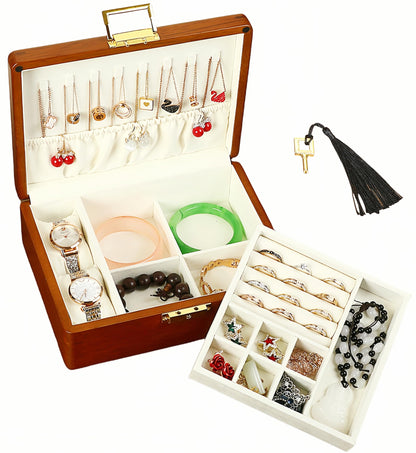 2 Layer Anti Tarnish Solid Wood Jewelry Organizer Box with Lock