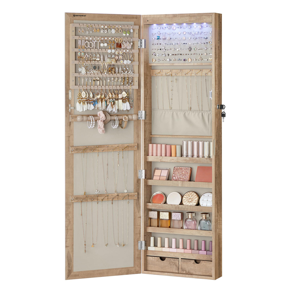 SONGMICS 6 LEDs Mirror Jewelry Cabinet, 47.2-Inch Tall Lockable Wall or Door Mounted Jewelry Armoire Organizer with Mirror, 2 Drawers, 3.9 x 14.6 x 47.2 Inches, White UJJC93W