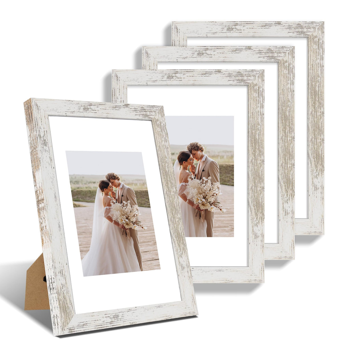 Hongkee 5x7 Picture Frame Set of 4, Real Glass and Wooden Frame, 4x6 Mat