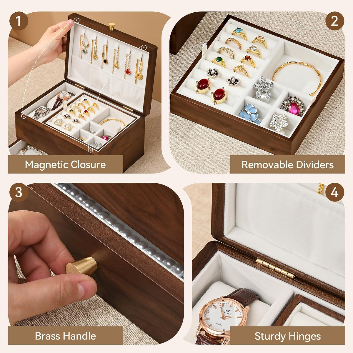 Black Walnut Wooden Jewelry Box for Women, 3 Layer Organizer with Drawer
