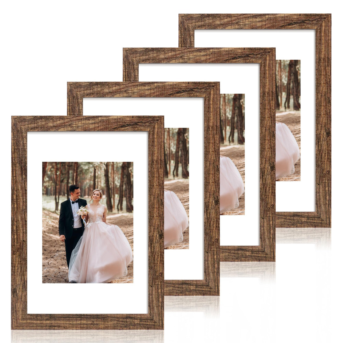 iRahmen 5x7 Picture Frame Set of 4, High Definition Real Glass Rustic Brown Frame, 5 x 7 Wood Photo Frames for Tabletop Display and Wall Mounting