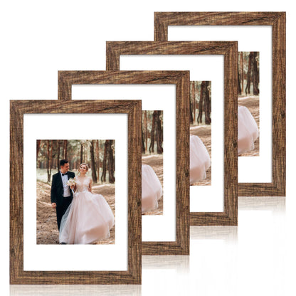 iRahmen 5x7 Picture Frame Set of 4, High Definition Real Glass Rustic Brown Frame, 5 x 7 Wood Photo Frames for Tabletop Display and Wall Mounting