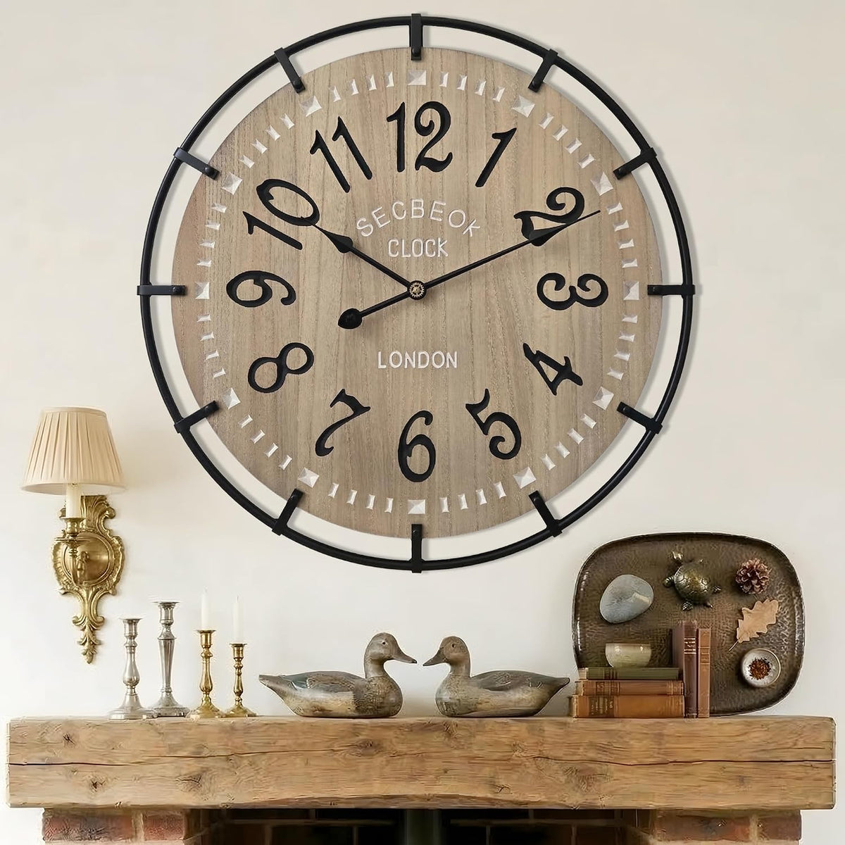 30 Inch Oversized Farmhouse Wall Clock, Metal Rustic Wood with Silent Quartz Movement, Easy Read Arabic Numerals, Battery Powered Decorative Wall Clock for Living Room Bedroom Kitchen Office