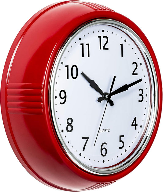 Bernhard Products Retro Wall Clock 12 Inch Red Kitchen 50's Vintage Design Round Silent Non Ticking Battery Operated Quality Quartz Clock for Home Office School or Classroom