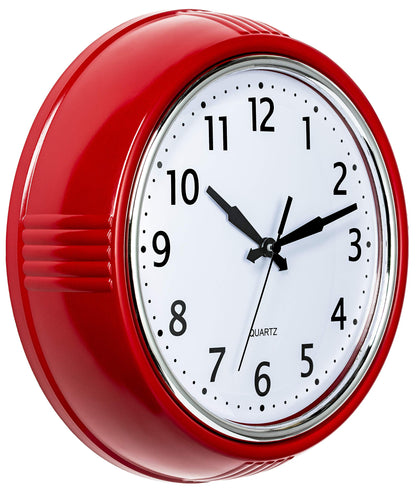 Bernhard Products Retro Wall Clock 12 Inch Red Kitchen 50's Vintage Design Round Silent Non Ticking Battery Operated Quality Quartz Clock for Home Office School or Classroom