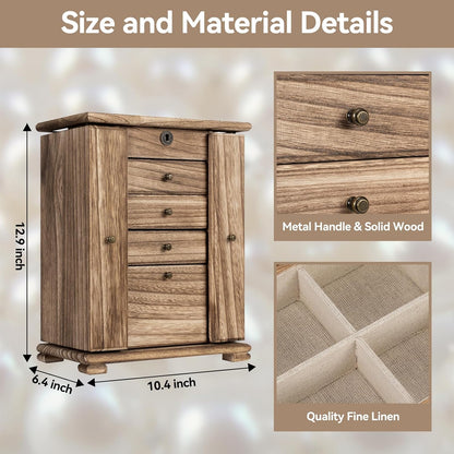 Miratino Jewelry Boxes for Women, 5 Layer Large Wooden Jewelry Organizer Box with Lock, Mirror & Drawers, Jewelry Boxes & Organizers for Necklaces Earrings Rings Bracelets (Rustic Brown)