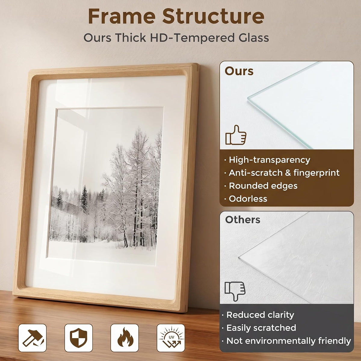 Dreamland 8x10 Picture Frame, USA-Sourced Oak Wood Photo Frames with HD Tempered Glass, 8 x 10 Wooden Frame Matted to 5 x 7, 8x10 Frames Handcrafted Rounded Corner for Tabletop or Wall Display