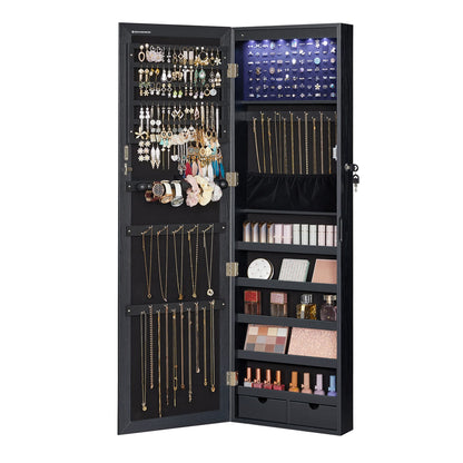 SONGMICS 6 LEDs Mirror Jewelry Cabinet, 47.2-Inch Tall Lockable Wall or Door Mounted Jewelry Armoire Organizer with Mirror, 2 Drawers, 3.9 x 14.6 x 47.2 Inches, White UJJC93W
