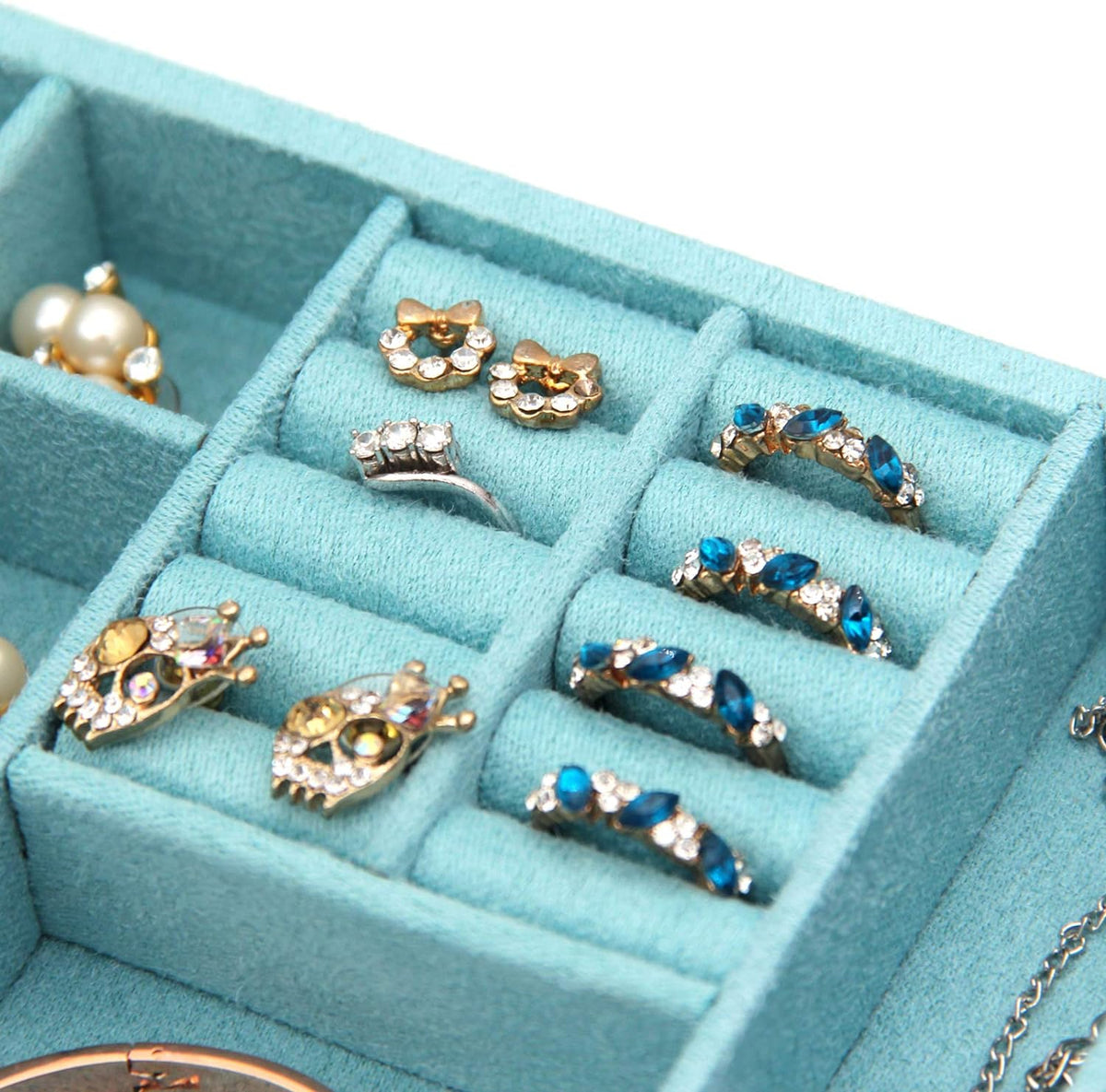 Two-Layer lint Jewelry Box Organizer Display Storage case with Lock (Blue)