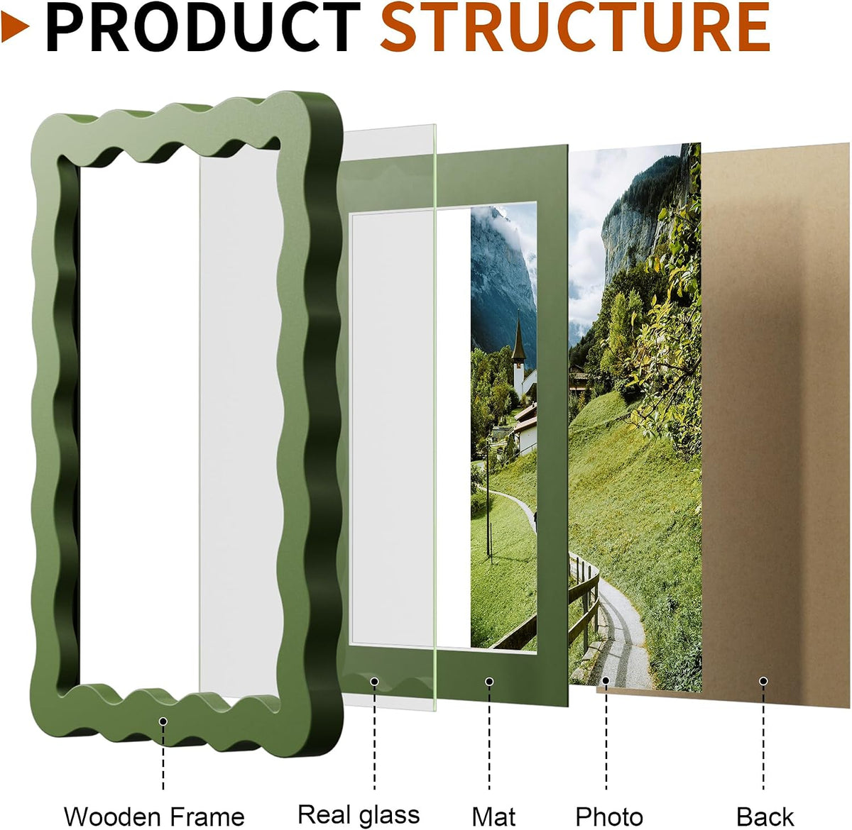 5x7 Wavy Picture Frame with 4x6 Mat, 5 x 7 Wood Frame, Real Glass