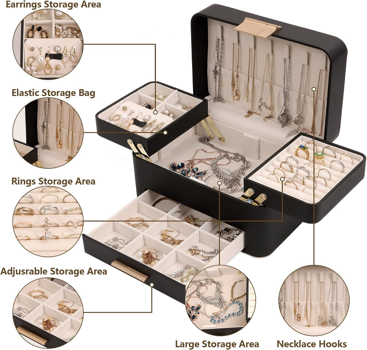 KAMIER Jewelry Box, 3 Layers Jewelry Organizer with Drawers, PU Leather Jewelry Storage Organizer for Earring, Ring, Necklace, Bracelets, Christmas Gift, Bluish Grey
