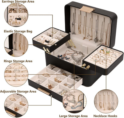 KAMIER Jewelry Box, 3 Layers Jewelry Organizer with Drawers, PU Leather Jewelry Storage Organizer for Earring, Ring, Necklace, Bracelets, Christmas Gift, Bluish Grey
