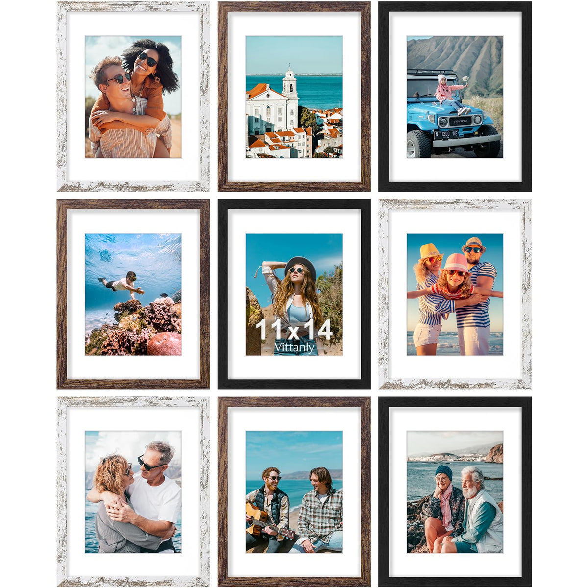 Vittanly 8x10 Picture Frames Set of 9 for Wall or Tabletop Display, Black
