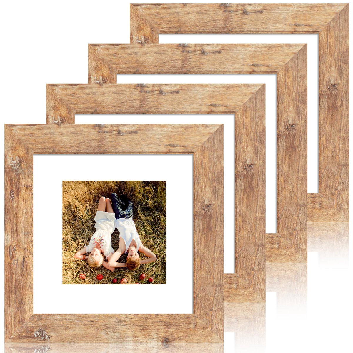 iRahmen 5x7 Picture Frame Set of 4, High Definition Real Glass Rustic Brown Frame, 5 x 7 Wood Photo Frames for Tabletop Display and Wall Mounting