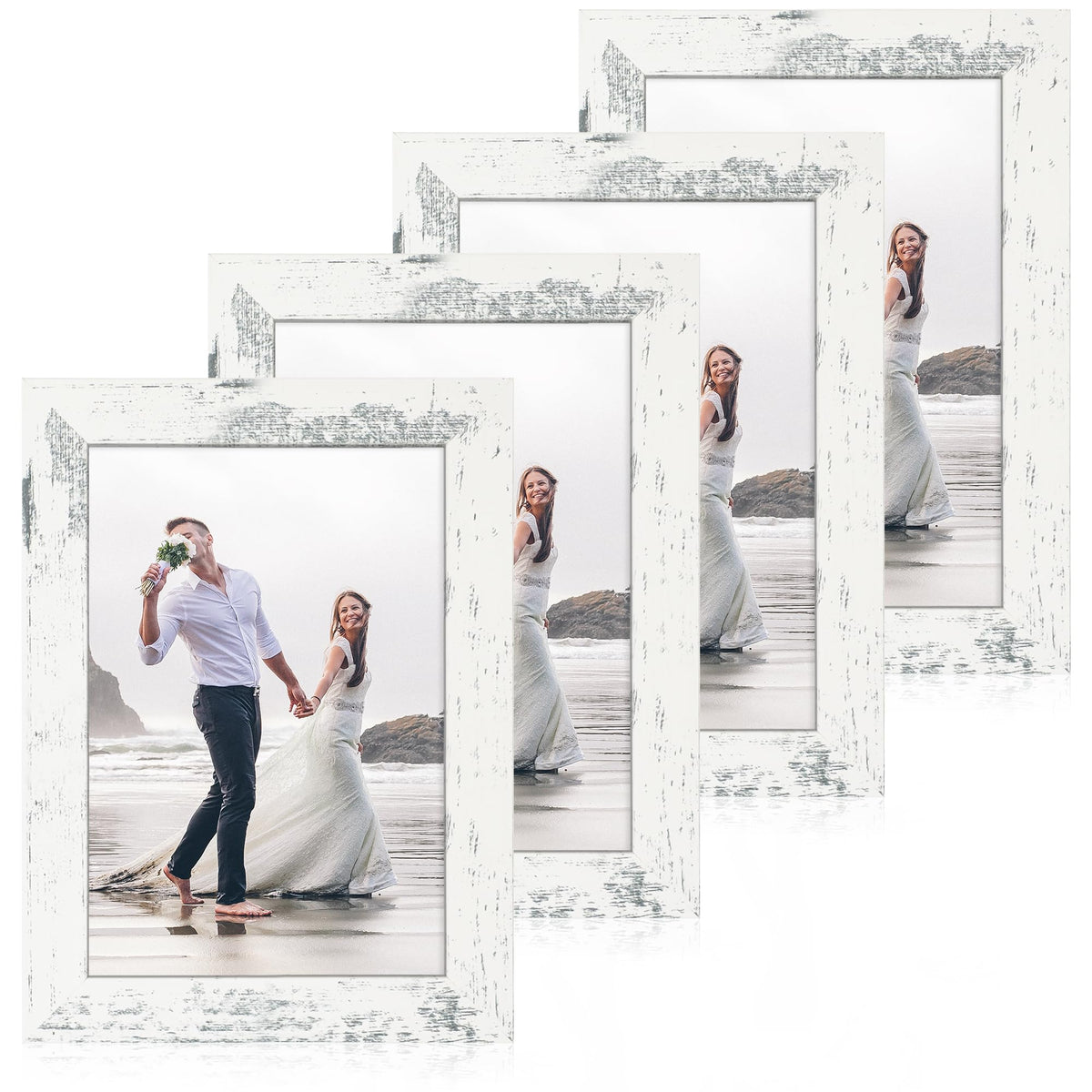 iRahmen 5x7 Picture Frame Set of 4, High Definition Real Glass Rustic Brown Frame, 5 x 7 Wood Photo Frames for Tabletop Display and Wall Mounting