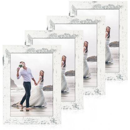 iRahmen 5x7 Picture Frame Set of 4, High Definition Real Glass Rustic Brown Frame, 5 x 7 Wood Photo Frames for Tabletop Display and Wall Mounting