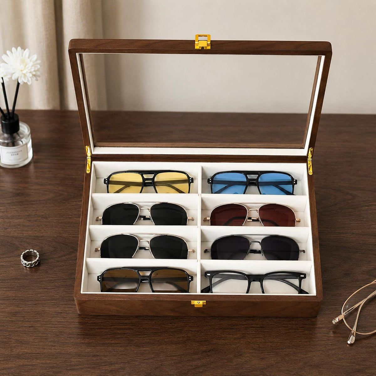 Black Walnut Sunglasses Organizer, 8 Slot Wooden Eyeglass Case for Men