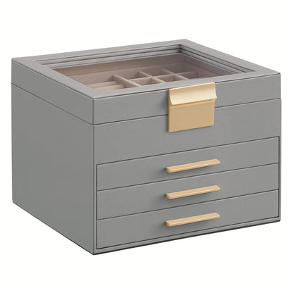SONGMICS Jewelry Box Organizer, 3-Layer Storage with 2 Drawers, Glass Lid