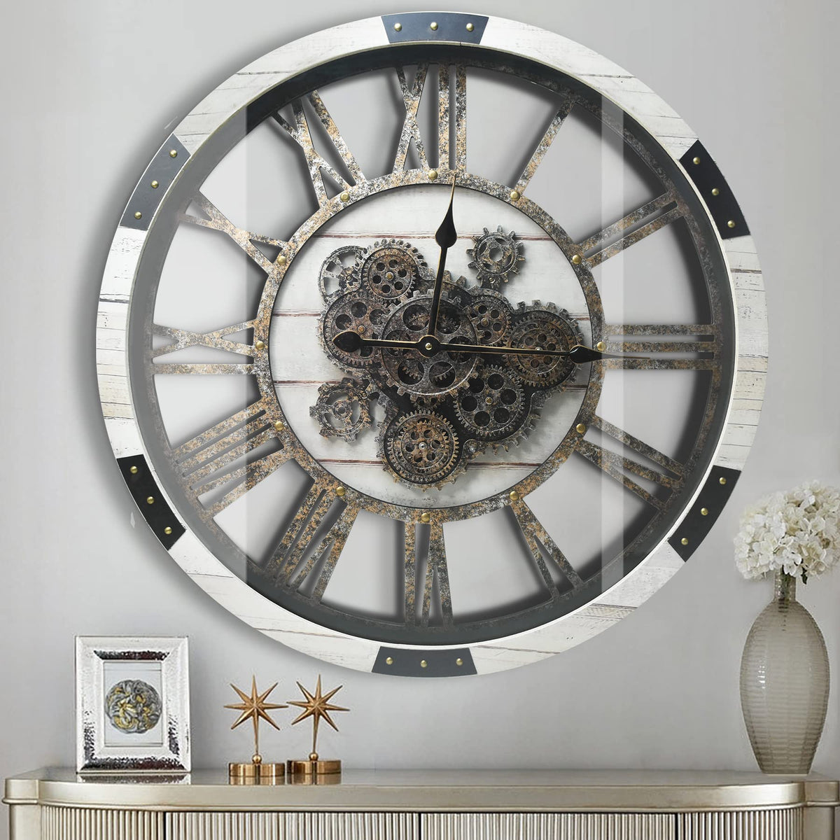 27 inch Large Real Moving Gears Wall Clock with Toughened Glass Cover, Oversized Solid Wood Retro Farmhouse Clock, Giant Decorative Rustic Wall Clock for Living Room Home Kitchen Office (Black)