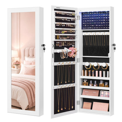 SONGMICS 6 LEDs Mirror Jewelry Cabinet, 47.2-Inch Tall Lockable Wall or Door Mounted Jewelry Armoire Organizer with Mirror, 2 Drawers, 3.9 x 14.6 x 47.2 Inches, White UJJC93W