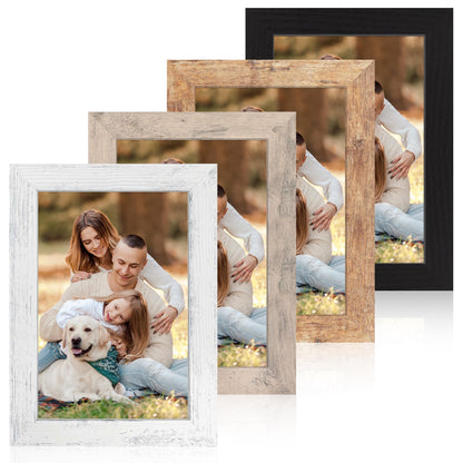iRahmen 5x7 Picture Frame Set of 4, High Definition Real Glass Rustic Brown Frame, 5 x 7 Wood Photo Frames for Tabletop Display and Wall Mounting