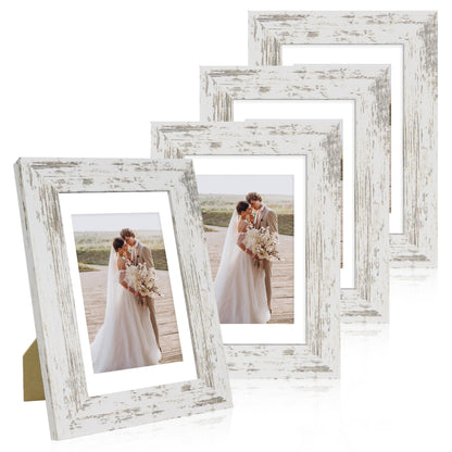 Hongkee 5x7 Picture Frame Set of 4, Real Glass and Wooden Frame, 4x6 Mat