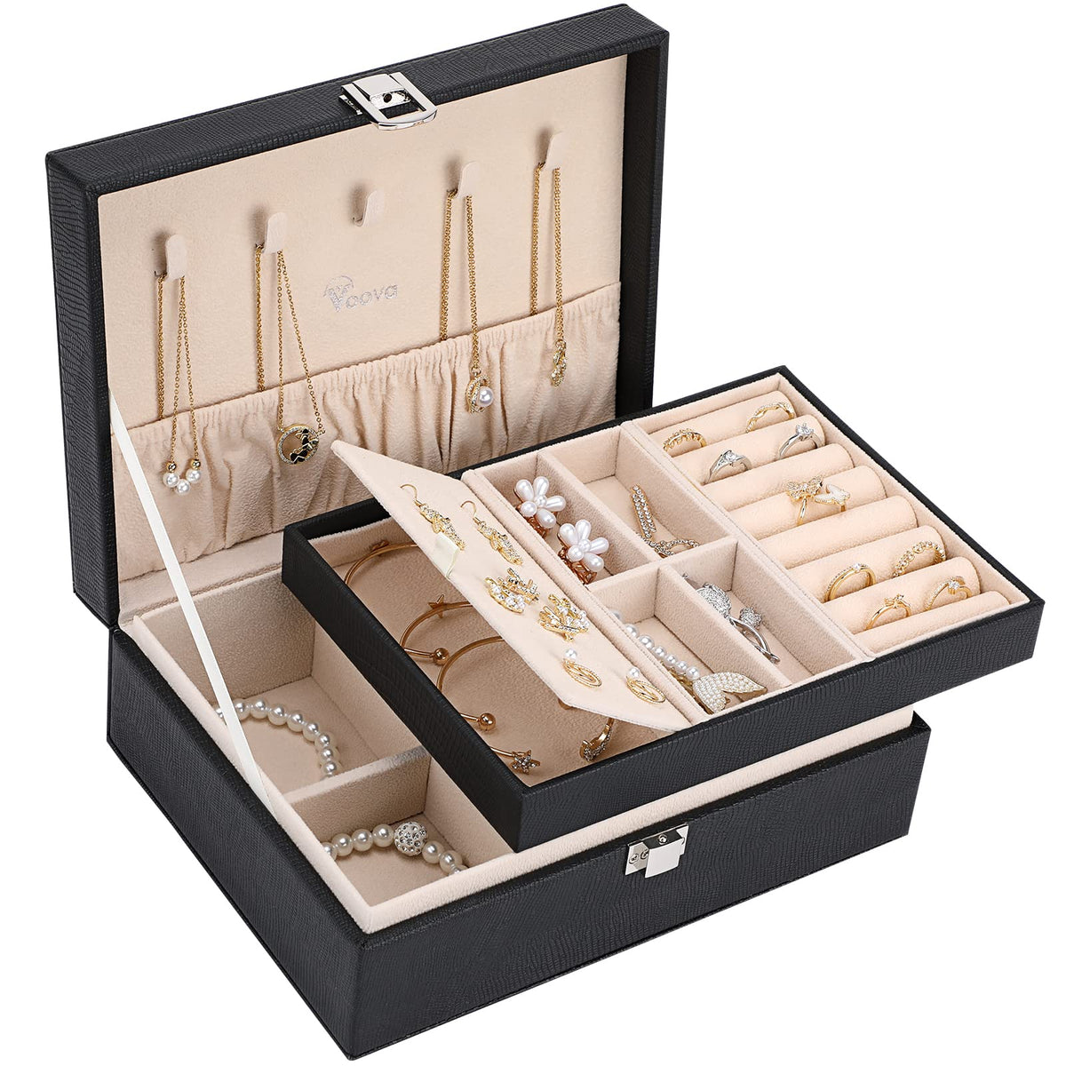 Voova 2 Layer Jewelry Box Organizer with Removable Tray, Vintage Gift, Apricot
