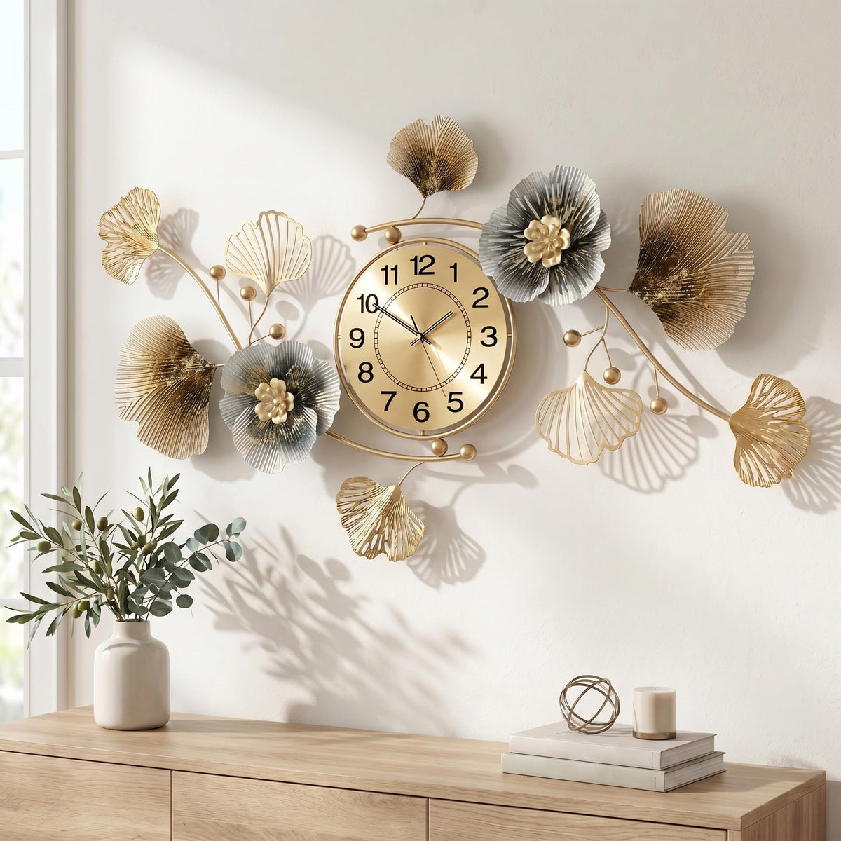 33" 3D Ginkgo Leaf Metal Wall Clock for Home Wall Decor