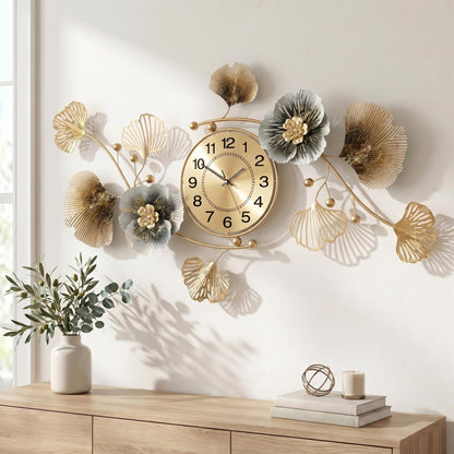 33" 3D Ginkgo Leaf Metal Wall Clock for Home Wall Decor