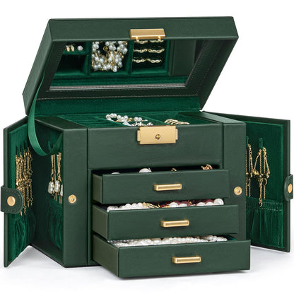 TORIBIO Jewelry Box for Women, Leather Jewelry Organizer with Mirror & Lock, 3-Tier Jewelry Storage Organizer with 2 Drawers for Girls/Women/Mothers, Necklace Earring Bracelets Holder Organizer